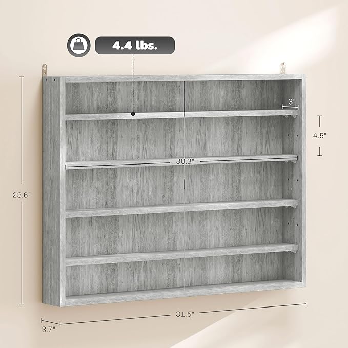 HOMCOM 5-Tier Display Cabinet, Glass Door Cabinet with Adjustable Shelves, Wall-Mounted Display Case for Playroom, Bedroom, Gray