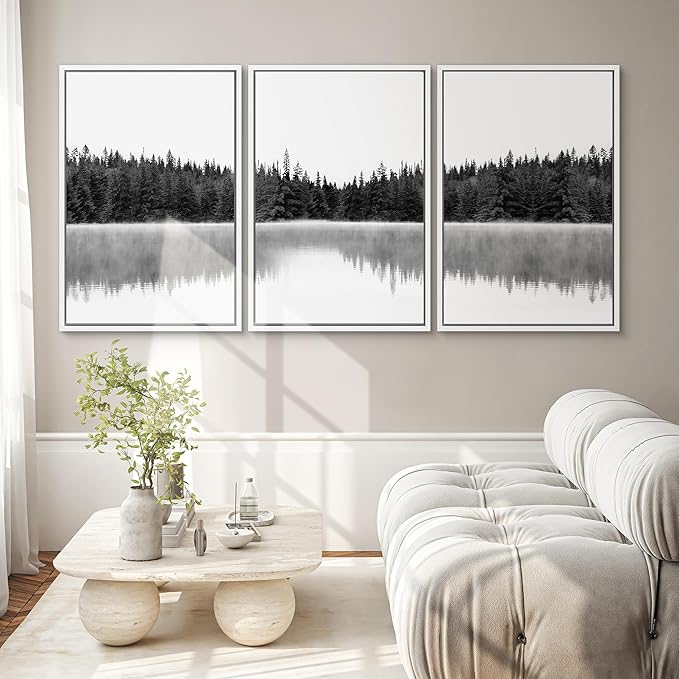 SIGNWIN 3 Piece Framed Canvas Wall Art Woodland Nursery Decor Black and White Forest with Lake Nature Abstract Traditional Home Artwork Decoration for Living Room,Bedroom - 24"x36"x3 White