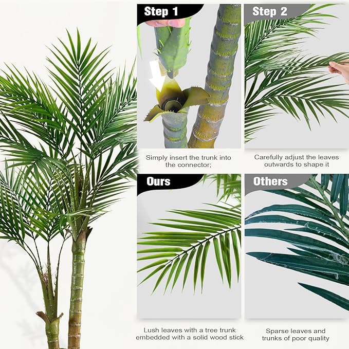 Fake Palm Tree 5FT - Artificial Plants with White Tall Planter, Faux Tropical Golden Cane Palm Tree with Two Trunks and 18 Realistic Palm Leaves, Indoor Floor Plants for Living Room Office Decor