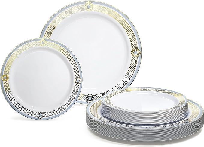 " OCCASIONS " 50 Plates Pack (25 Guests)-Wedding Party Disposable Plastic Plate Set -25 x 10.25'' Dinner + 25 x 7.5'' Salad & Dessert plates (Royal in White/Blue & Gold)