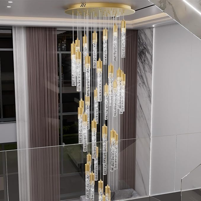 Flashing God 12.5feet Long Staircase Chandelier Gold Bubble Crystal Bolumn Chandeliers Large Foyer Entrance Chandeliers for High Ceiling Big Crystal Chandelier LED Dimmable 2700K-6000K