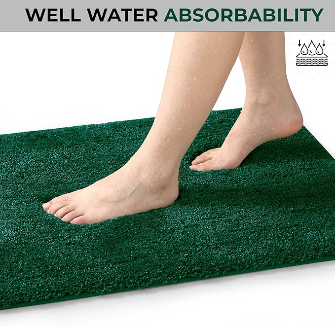 YHF Bathroom Rugs 24" X 47", Extra Thick & Soft Microfiber Shaggy, Machine Washable Bath Mats, Absorbent Bath Rugs, Non-Slip Rubber Backing Bath Mat for Bathroom Floor, Tub and Shower, Hunter Green