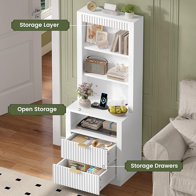 ADORNEVE Tall Fluted Nightstand Set of 2, Side Table with Drawers & Open Shelf, Mid Century Modern Night Stand with Metal Handle, Wooden Bedside End Table for Bedroom,Living Room,White