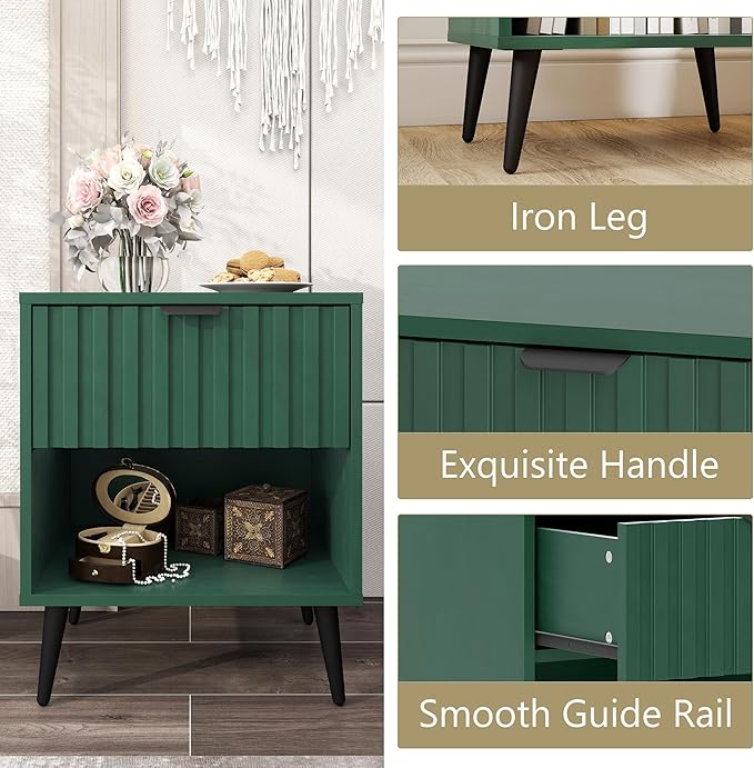 Fluted Nightstand, Natural Wood Nightstand with Drawer and Open Storage, Mid Century Fluted Side Table Modern Bedside Stand with Wood Veneer for Bedroom, Office, Green