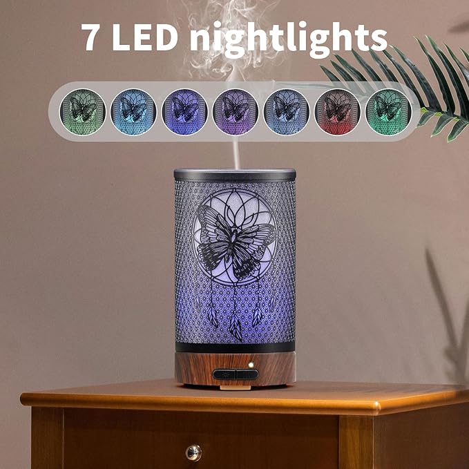 Essential Oil Diffuser - Multifunction Aromatherapy Diffuser 7 LED Color Changing Light 100ML Metal Diffuser Easy to Clean Suitable for Home,Office(Butterfly)