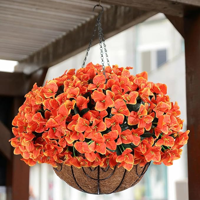 Artificial Hanging Flowers Basket for Outdoors Fall Plants Decoration, Fake Silk Bougainvillea Flowers in Planter Look Real UV Resistant Faux Flower for Outside Porch Patio Garden Yard Home Decor