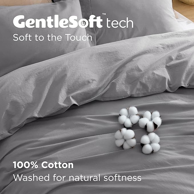 Bedsure 100% Washed Cotton Duvet Cover King Size - Gray Minimalist Cotton Duvet Cover Linen Like for All Seasons - GentleSoft™ Plain Simple Bedding, 3 Pieces (Gray, King, 104"x90")