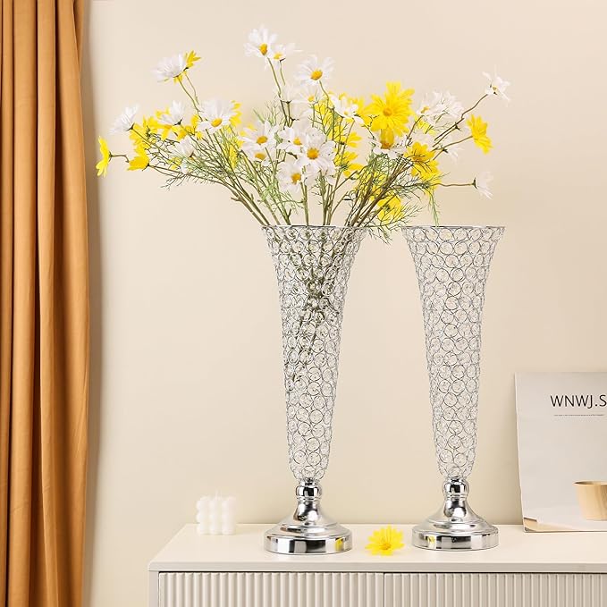 2 Pcs Crystal Trumpet Vases for Centerpieces, 20" Metal Floral Vase Centerpieces for Wedding Table Celebration, Wedding Flower Vase for Party Anniversary Birthday Home Décor