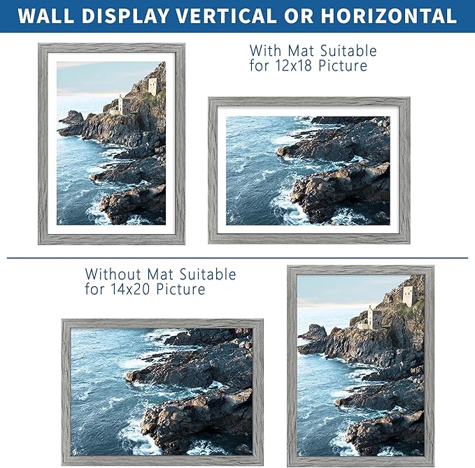 14x20 Picture Frame Set of 2, Rustic Grey Wood Style - Display 14 x 20 Picture without Mat or 12x18 Picture with Mat, Wall Mounting Horizontal and Vertical