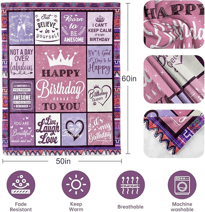 CENSIHER Birthday Gifts for Women Her Throw Blanket 60x50in, Happy Birthday Decorations for Women, Gifts for Woman Bday Unique, Womens Female Presents Ideas for Girls Friend Mom Sister Wife