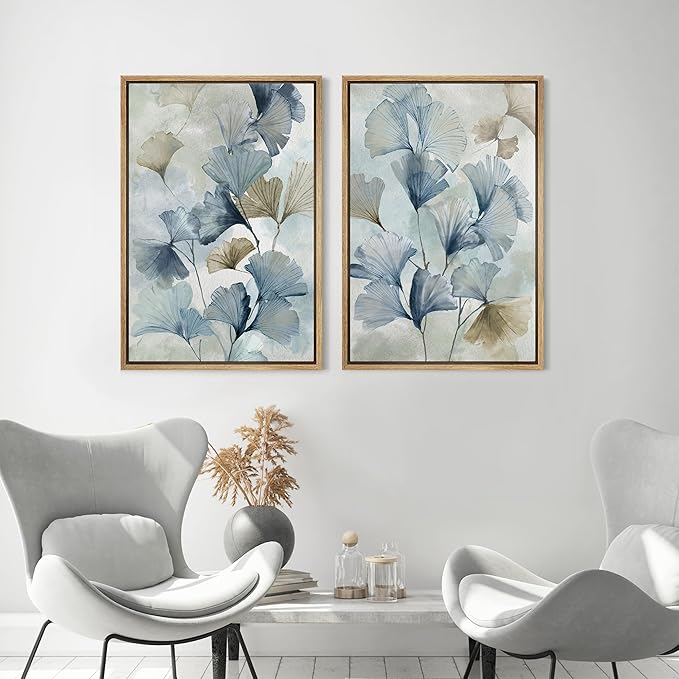 MUDECOR Framed Canvas Print Wall Art Blue Ginkgo Flower Illustrations Modern Art Decorative Bohemian Colorful Chic for Living Room, Bedroom, Office - 16"x24"x2 Natural
