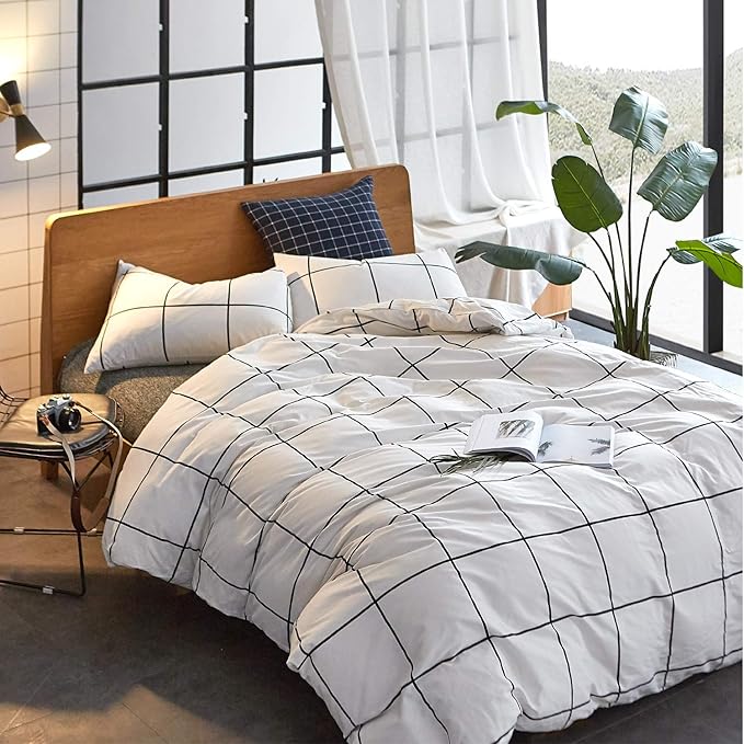 Pureant White Plaid Comforter Sets Full Size Black and Grid Bedding Comforters Cotton Women Men Modern Simple Geometric Quilt Adults Teens Buffalo Soft Full(80''*90''-Comforter)