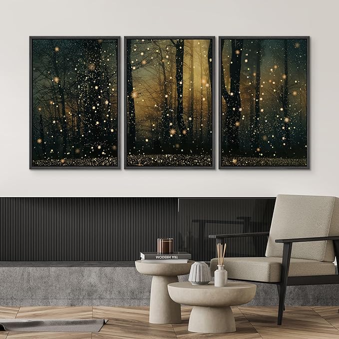 SIGNWIN Framed Wall Art Print Set Enchanted Forest with Fireflies Magical Night Woodland Photography Modern Art Closeup Relax/Calm Dark for Living Room, Bedroom, Office - 16"x24"x3 Black