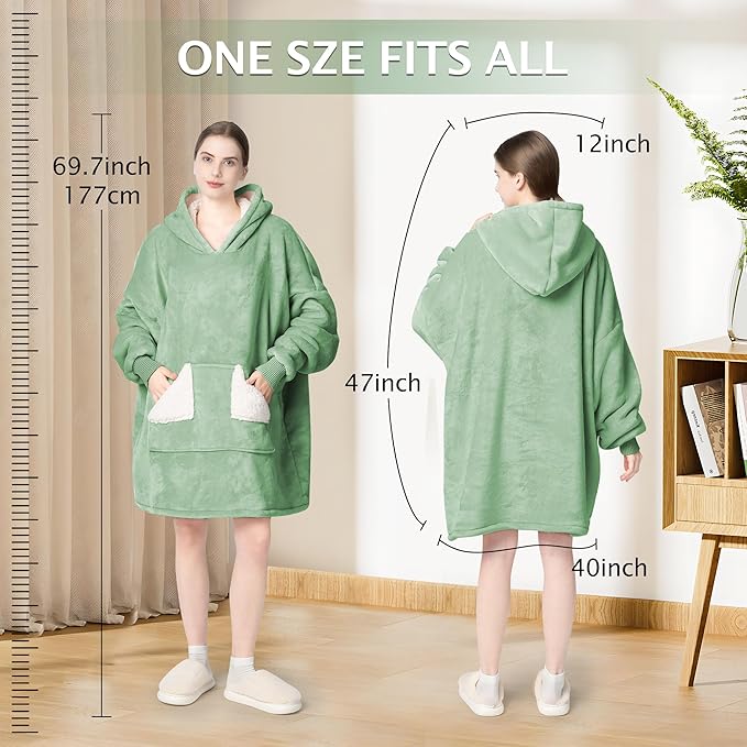 Touchat Wearable Blanket Hoodie, Oversized Sherpa Blanket Sweatshirt with Hood Pocket and Sleeves, Gifts Hooded Blanket for Adult Women Men (Light Green)
