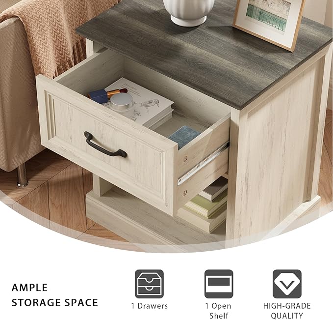 CARPETNAL 20" Farmhouse Nightstand Set of 2, End Table with Large Drawers & Open Storage, Side Table, Bedside Table for Bedroom, Living Room, White