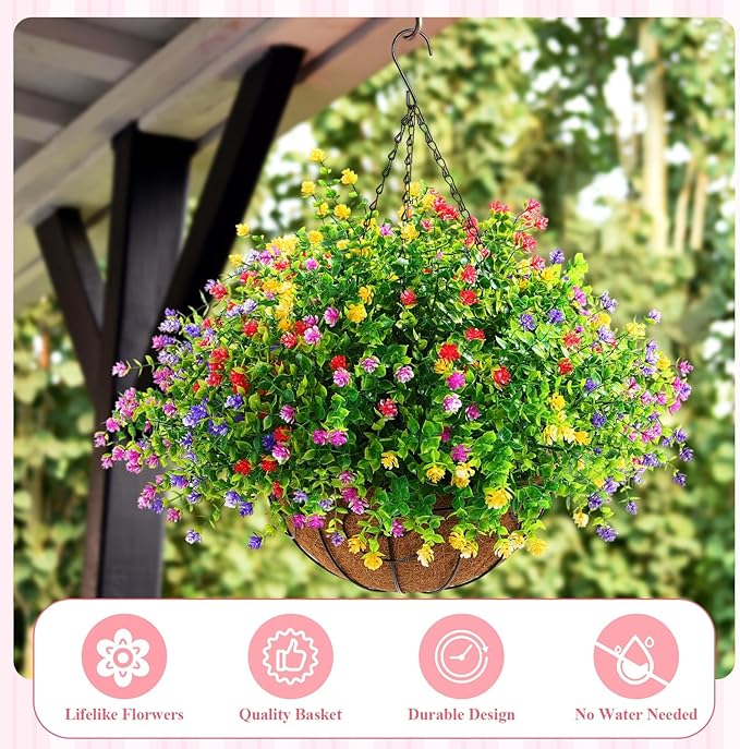 Lyrow 2 Pcs Artificial Hanging Flowers with Fake Basket Outdoor Realistic Hanging Plants with 12 Inch Coconut Lining Basket for Patio Lawn Garden Porch Decor(Colored)