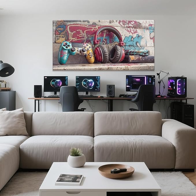 Cool Gaming Wall Art Retro Video Game Watercolor Posters Print Artwork Colorful Neon Gamepad Canvas Art Wall Decor Painting Picture For Bedroom Game Room For Boys Home Wall Decor 24 X 48 In
