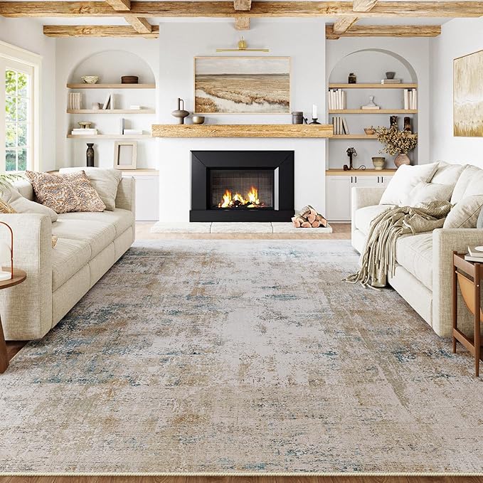 10x14 Washable Area Rug Beige Blue Neutral Abstract Living Room Bedroom Large Throw Rug Non Slip Soft Low Pile Indoor Floor Carpet for Dining Room Kitchen Office Entryway