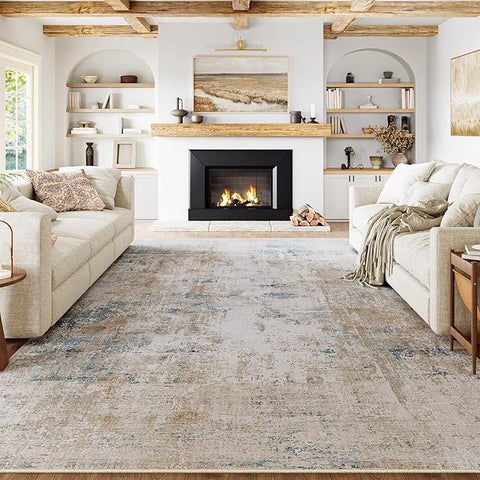 10x14 Washable Area Rug Beige Blue Neutral Abstract Living Room Bedroom Large Throw Rug Non Slip Soft Low Pile Indoor Floor Carpet for Dining Room Kitchen Office Entryway