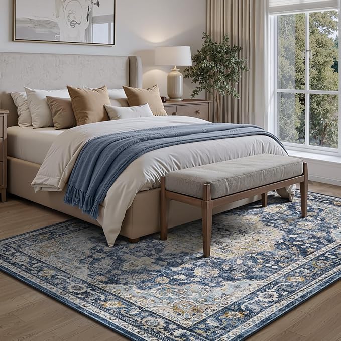 PADOOR-Vintage Area Rug 5X7 Rugs for Living Room-Soft Blue Rugs for Bedroom-Machine Washable Rugs Non Slip Carpet-Rug for Dining Room Living Room Bedside Office