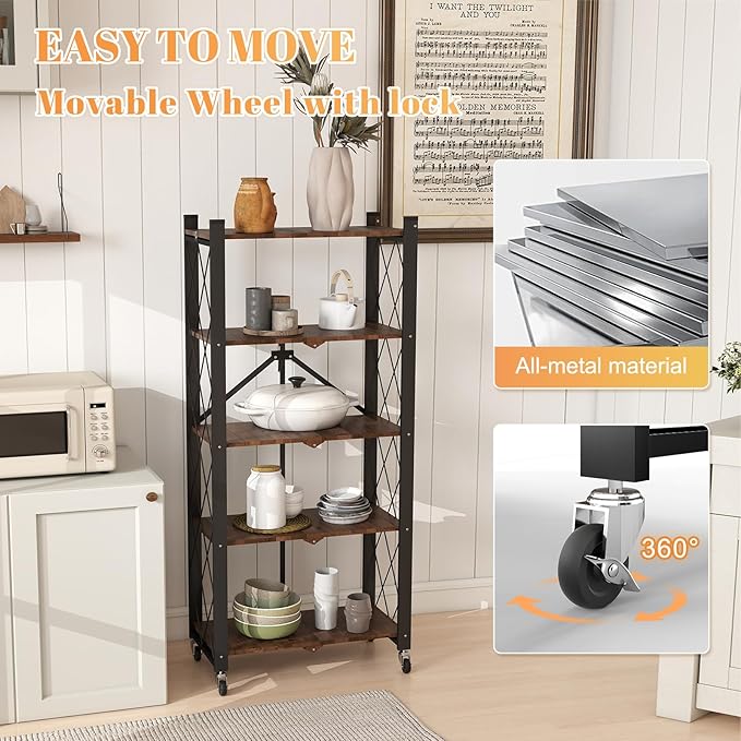 BAOYOUNI 5-Tier Vintage Industrial Bookshelf - No Assembly Folding Storage Shelf with Woodgrain Finish | Collapsible Metal Bookcase for Living Room, Office & Bedroom