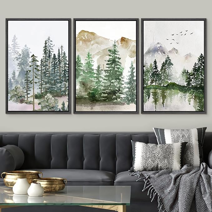 SIGNWIN Framed Canvas Print Wall Art Set Pastel Mountain Range Forest Mist Nature Wilderness Illustrations Modern Art Decorative Rustic Calm/Zen for Living Room, Bedroom, Office - 24"x36"x3 Black