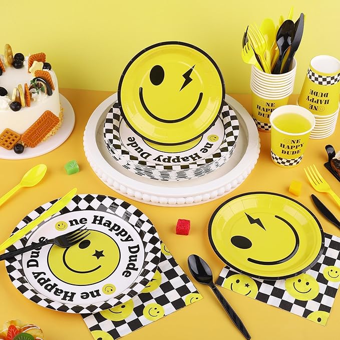 400 Pieces One Happy Dude Disposable Party Tableware Sets Including Plates Cups Napkins Cutlery Serves 50 for Smiley Party 1st Birthday Preppy Party Decorations