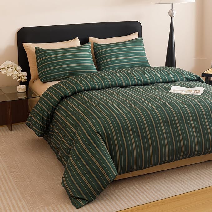 CLOTHKNOW Green Striped Twin/Twin XL Comforter Set 3Pcs Green Khaki Black Bedding Comforter Sets Ticking Farmhouse Comforter with 2 x Pillow Cases