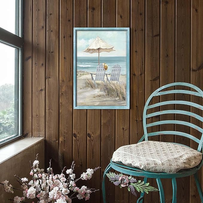 Abstract Coastal Framed Wall Art - Beach Chair Picture Modern Ocean Painting Prints Calming Seascape Wooden Artwork Decor for Bathroom
