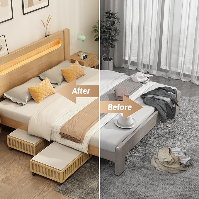 Bamboo Under Bed Storage Containers with Wheels, Rolling Under the Bed Shoe Storage Bins, Wood Stackable Underbed Drawers with Bag Organizer for Bedroom Closet Clothing Sweater Bedding Under Crib Toy