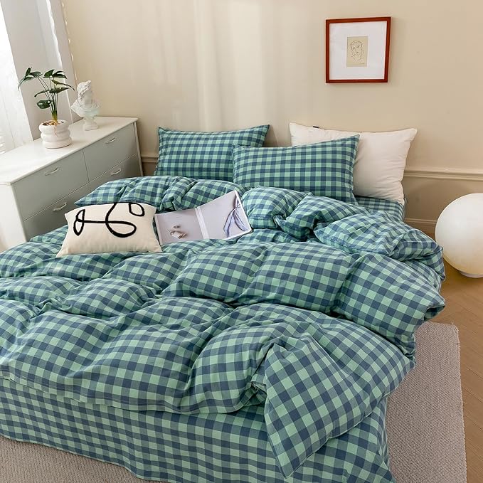 VM VOUGEMARKET Green Plaid Bedding Set Queen 3 Pieces Denim Blue Checkered Duvet Cover with Zipper Ties 2 Pillowcases 100% Washed Cotton Luxury Soft Breathable Durable