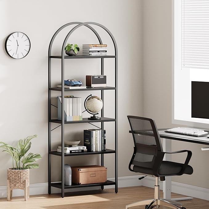 IDEALHOUSE Bookshelf 5 Tier Bookcase Arched Display Racks Tall Standing Bookshelves Metal Frame Open Storage Rack Shelf Large Black Book Shelf for Bedroom, Living Room, Home Office