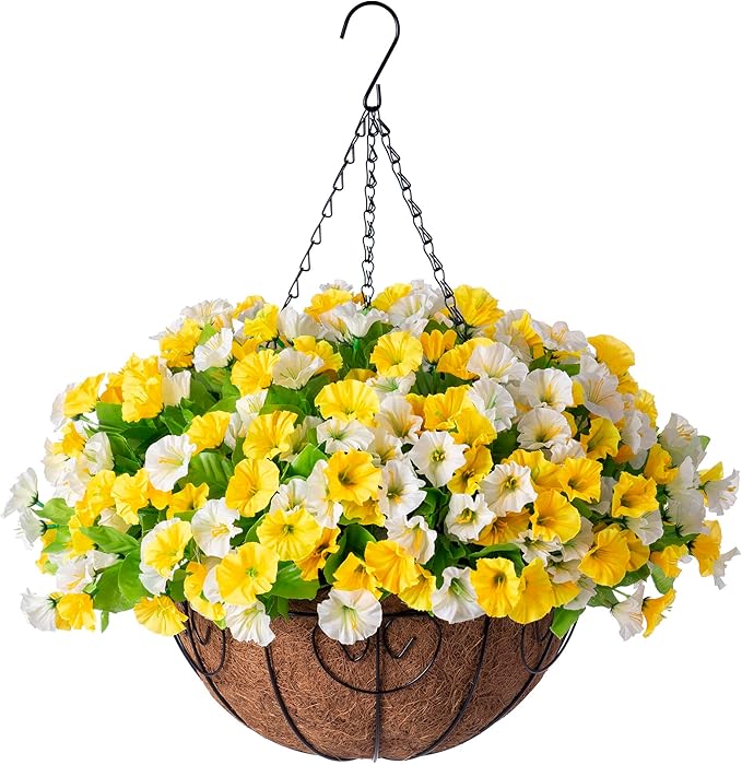 Artificial Hanging Flowers with Basket, Faux Silk Petunias Flower Arrangement, Coconut Lining with Morning Glories Fake Plants Patio Garden Porch Deck Fall Decor(Yellow and White)