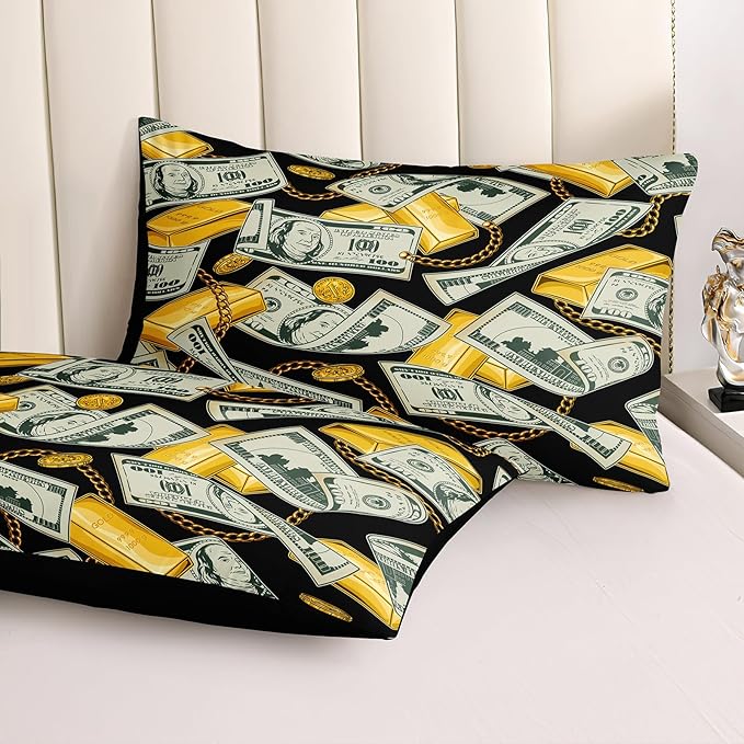 Bedorm Dollar Comforter Sets Black Gold Bedding Queen Size Bed in A Bag Money Gold Bar Pattern Rich Bedding Comforter Sets American Vintage Bed Sets