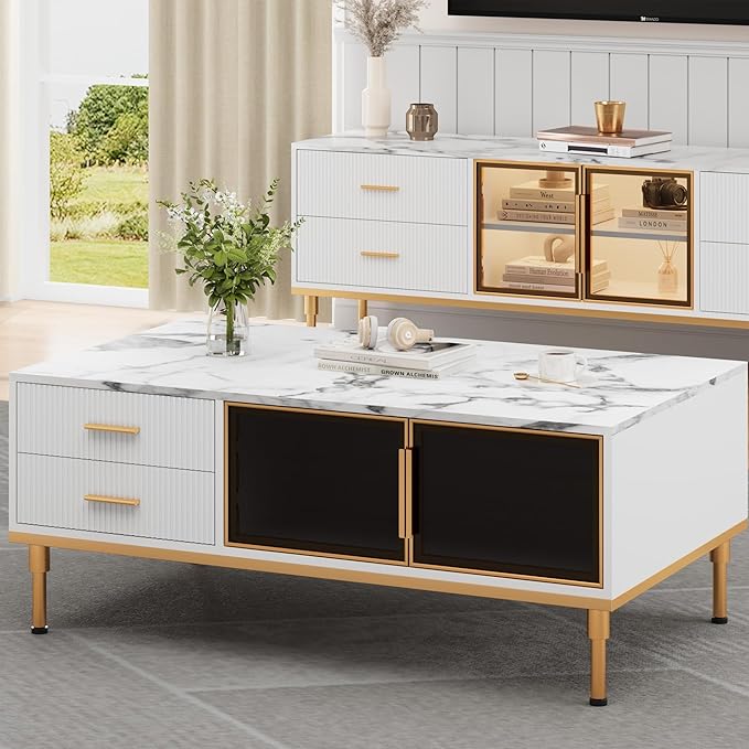 Coffee Table, White Center Table for Living Room, Modern Large Coffee Tables with Storage 4 Drawers & 2 Glass Door Storage, Faux Marble Top, Gold Metal Leg, Hidden Compartment for Reception Room