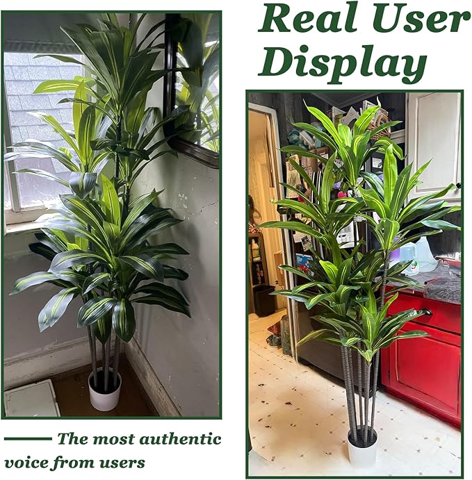 Artificial Dracaena Tree Indoor, 5FT Tall Faux Tree with Natural Wood Trunk and Lifelike Leaves, Tall Artificial Plants Indoor, Fake Plants for Home, Office, Living Room Decor