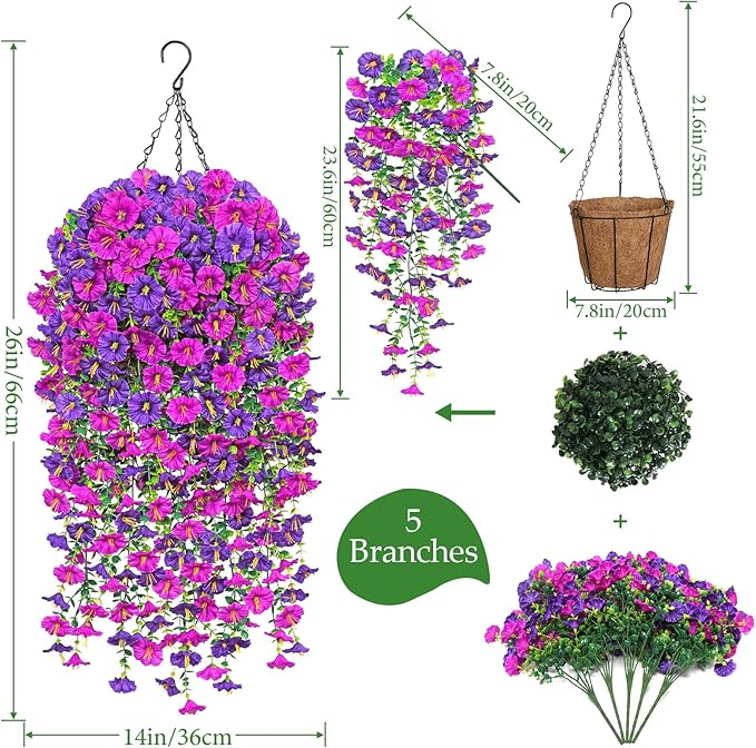 TOCHGREEN 2 Set Artificial Faux Outdoor Flowers with Hanging Basket,2 Hanging Planters Fake Silk Morning Glory Vines Eucalyptus in Planter UV Resistant for Home Front Porch Balcony Garden Yard