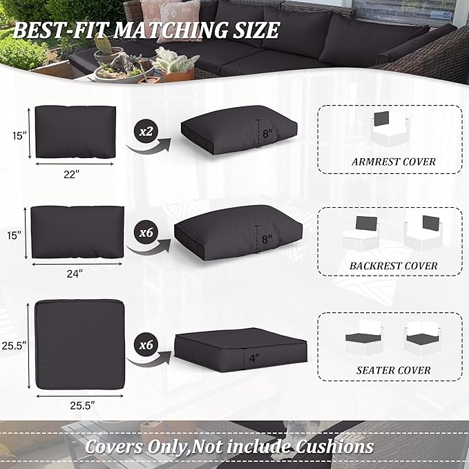 14 Pcs Outdoor Cushion Covers Patio Cushion Slipcovers Replacement Splash Proof with Zipper for Outdoor Furniture, Patio Sofa Couch 3 Sizes, Covers Only