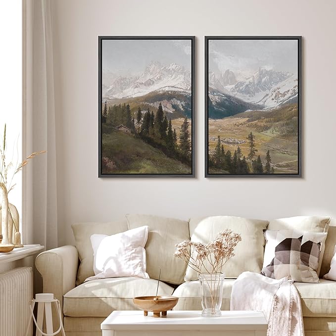 MUDECOR Framed Canvas Print Wall Art Alpine Meadow and Mountain Range Rustic Cabin Nature Nature Wilderness Illustrations Realism Decorative Scenic for Living Room, Bedroom, Office - 16"x24"x2 Black