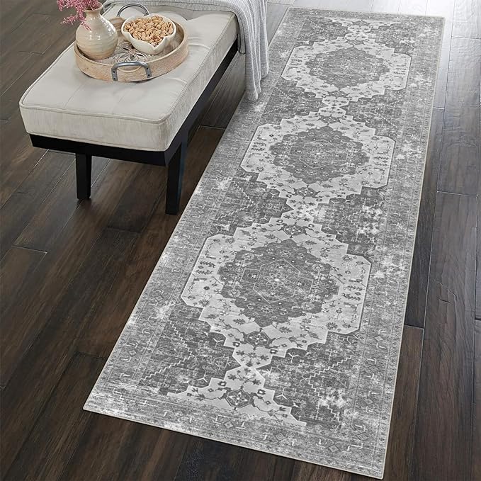 vivorug Runner Rug 2'x7' Vintage Washable Non-Slip Runners for Hallways Kitchen Entryway Laundry Room Carpet Hallway Runner Grey Floral