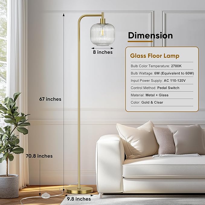 QiMH Glass Floor Lamp for Living Room, Modern Standing Lamp with Ribbed Clear Glass Lampshade Pedal Switch, 67” Tall Lamp for Bedroom Study Room, Brushed Gold (2700K LED Bulb Included)