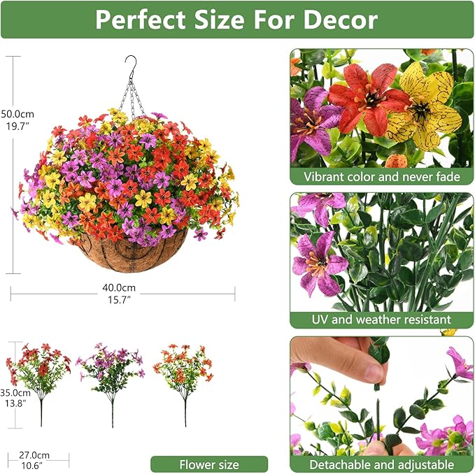 INQCMY Artificial Fake Hanging Plants Flowers Basket for Summer Outdoor Decoration, Faux Silk UV Resistant Colorful Daisy Eucalyptus for Outside Garden Porch Home Patio Balcony Yard