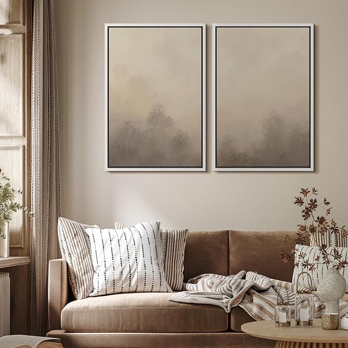 MUDECOR Framed Canvas Print Wall Art Set Neutral Misty Forest Illustrations Modern Art Decorative Bohemian Zen for Living Room, Bedroom, Office - 24"x36"x2 White
