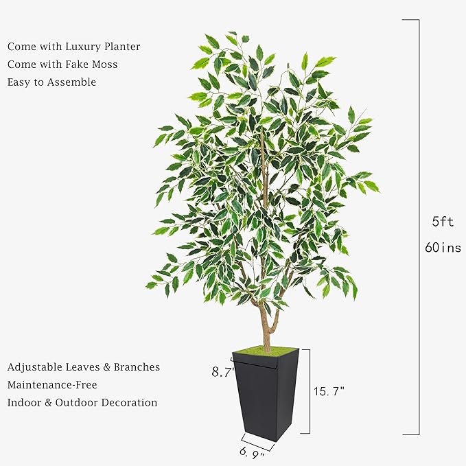 Artificial Ficus Plant 5ft, Fake Tree with Black Tall Planter, Faux Ficus Leaves Trees in Pot, Artificial Floor Plants for Home Living Room Office Bedroom Foyer Porch Decor Indoor