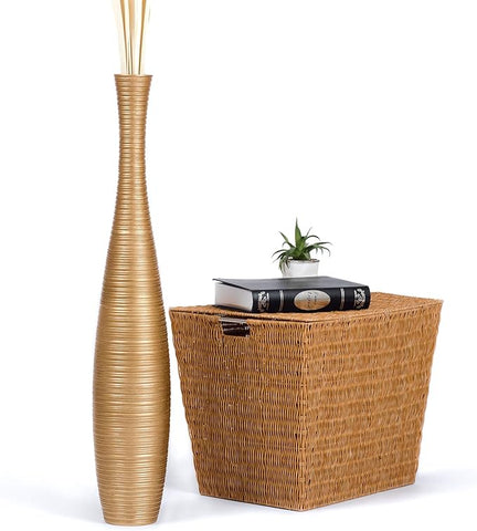 Leewadee Large Gold Home Decor Floor Vase – Wooden 34 inches Tall Farmhouse Decor Flower Holder for Fake Plant and Pampas Grass