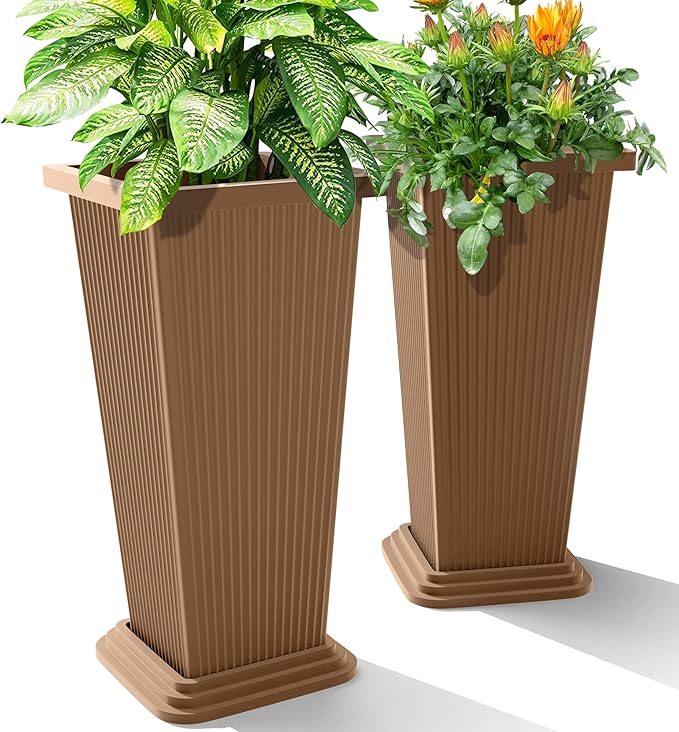 24-Inch Tall Planters Set of 2 for Outdoor and Indoor Use,Tapered Flower Pots with Drainage Tray, Front Porch and Patio Decor,Ideal for Large Plants (Stripes-Brown)