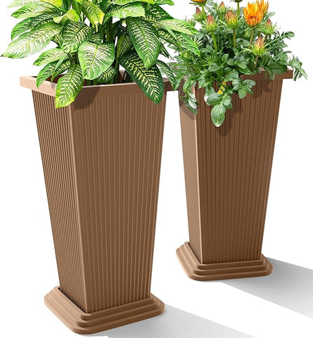 24-Inch Tall Planters Set of 2 for Outdoor and Indoor Use,Tapered Flower Pots with Drainage Tray, Front Porch and Patio Decor,Ideal for Large Plants (Stripes-Brown)