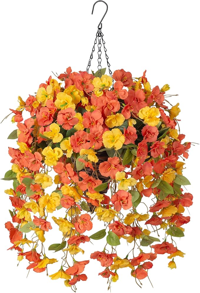 Ivydale Artificial Hanging Flowers Fake Plants with Basket for Outdoors Fall Decoration, Faux Hibiscus Long Vines Realistic Silk Flowers for Planters Outside Home Patio Porch Balcony, YellowOrange