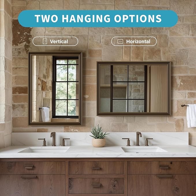 Retro Copper Effect Framed Wall Mirror, 24x36 Rectangle Mirror, 1/8"Anti-desilvering Tempered Glass, Sustainable&Sturdy Frame, Anti-Rust, HD Reflection &3min Fast Setup for Bathroom Living Room