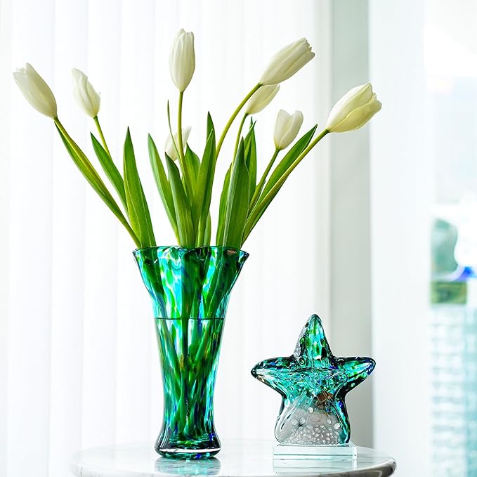 Green Blown Glass Vase for Flowers, 8.5" Wide Mouth Teal Vase for Home Decor, Modern Art Flower Vases Decorative | Table Centerpiece, Wedding, Living Room, Bookshelf, Entryway | Gift for Women Mom